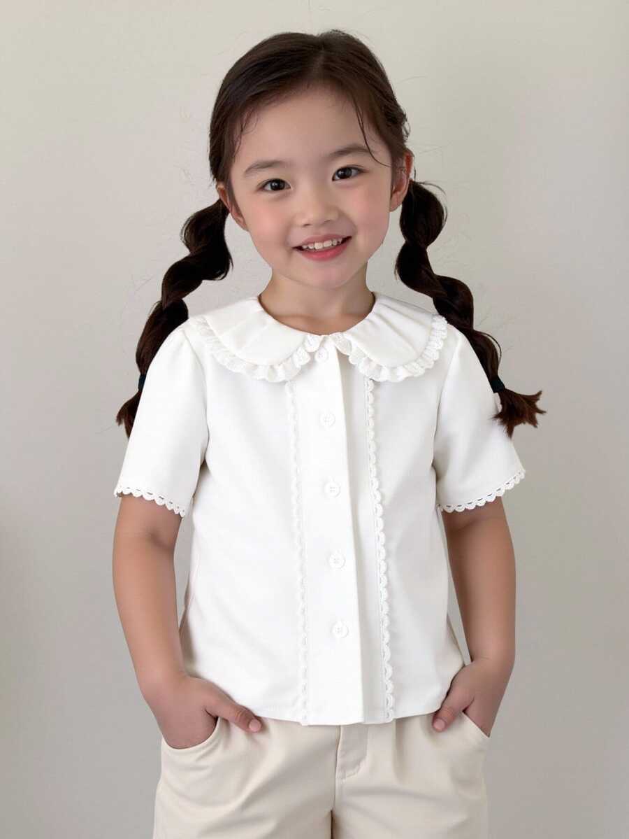 Elladie kids Young Girls Casual Fairy Cowgirl Simple White Lace Trim Short Sleeve Shirt, Versatile Fashion Spring/Summer New Arrival, School Style Flower Girl Beach