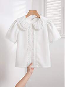 Elladie kids Young Girls Casual Fairy Cowgirl Simple White Lace Trim Short Sleeve Shirt, Versatile Fashion Spring/Summer New Arrival, School Style Flower Girl Beach - White - View 3
