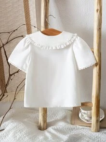 Elladie kids Young Girls Casual Fairy Cowgirl Simple White Lace Trim Short Sleeve Shirt, Versatile Fashion Spring/Summer New Arrival, School Style Flower Girl Beach - White - View 4