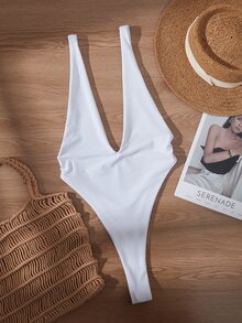 Swim SXY Summer Women's Sexy Deep V-Neck High Cut Back Cut-Out One Piece Swimsuit - White - View 3