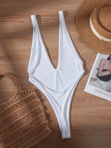 Swim SXY Summer Women's Sexy Deep V-Neck High Cut Back Cut-Out One Piece Swimsuit - White - View 6