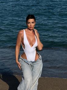 Swim SXY Summer Women's Sexy Deep V-Neck High Cut Back Cut-Out One Piece Swimsuit - White - View 7