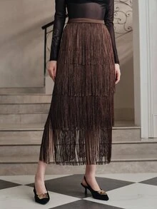 Anewsta Women's New Spring/Summer Beige Layered Tassel Elegant Midi Skirt, Flattering, Elegant, Formal, Party, Chic, Work, Graduation, Wedding - Coffee Brown - View 2