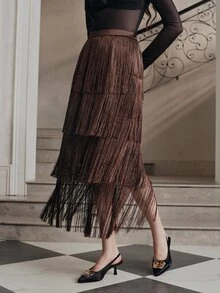 Anewsta Women's New Spring/Summer Beige Layered Tassel Elegant Midi Skirt, Flattering, Elegant, Formal, Party, Chic, Work, Graduation, Wedding - Coffee Brown - View 6
