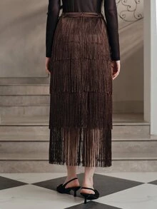 Anewsta Women's New Spring/Summer Beige Layered Tassel Elegant Midi Skirt, Flattering, Elegant, Formal, Party, Chic, Work, Graduation, Wedding - Coffee Brown - View 8