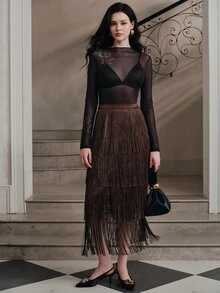Anewsta Women's New Spring/Summer Beige Layered Tassel Elegant Midi Skirt, Flattering, Elegant, Formal, Party, Chic, Work, Graduation, Wedding - Coffee Brown - View 5