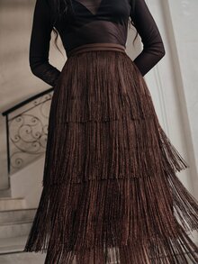 Anewsta Women's New Spring/Summer Beige Layered Tassel Elegant Midi Skirt, Flattering, Elegant, Formal, Party, Chic, Work, Graduation, Wedding - Coffee Brown - View 4