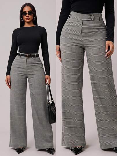 Radiana Women's High Waist Plaid Wide Leg Loose Elegant Business Casual Office Pants,Summer, Teachers' Day Grey Plaid Suit Pants
