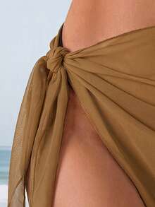 SHEIN Swim 1pc Brown Vacation Fashion Summer Beach Sheer Side Tie Cover-Up Skirt - Khaki - View 3