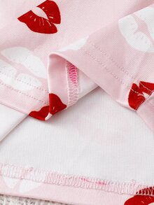 青少年女孩優雅粉色唇印圖案高彈力羅紋面料圓領長袖長褲休閒舒適鬆弛貼身家居服2件套 - 粉色 - 查看 6