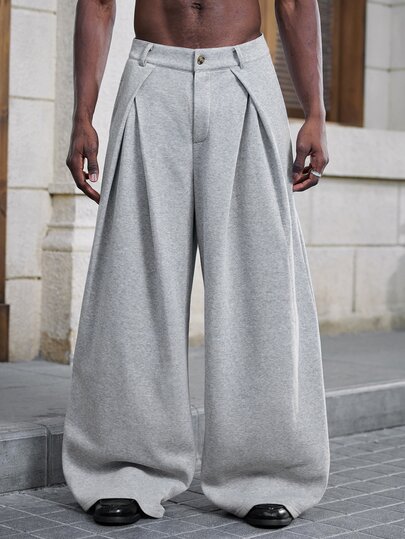 Mainfolk Men's Solid Color Pleated Wide Leg Loose Casual Long Pants