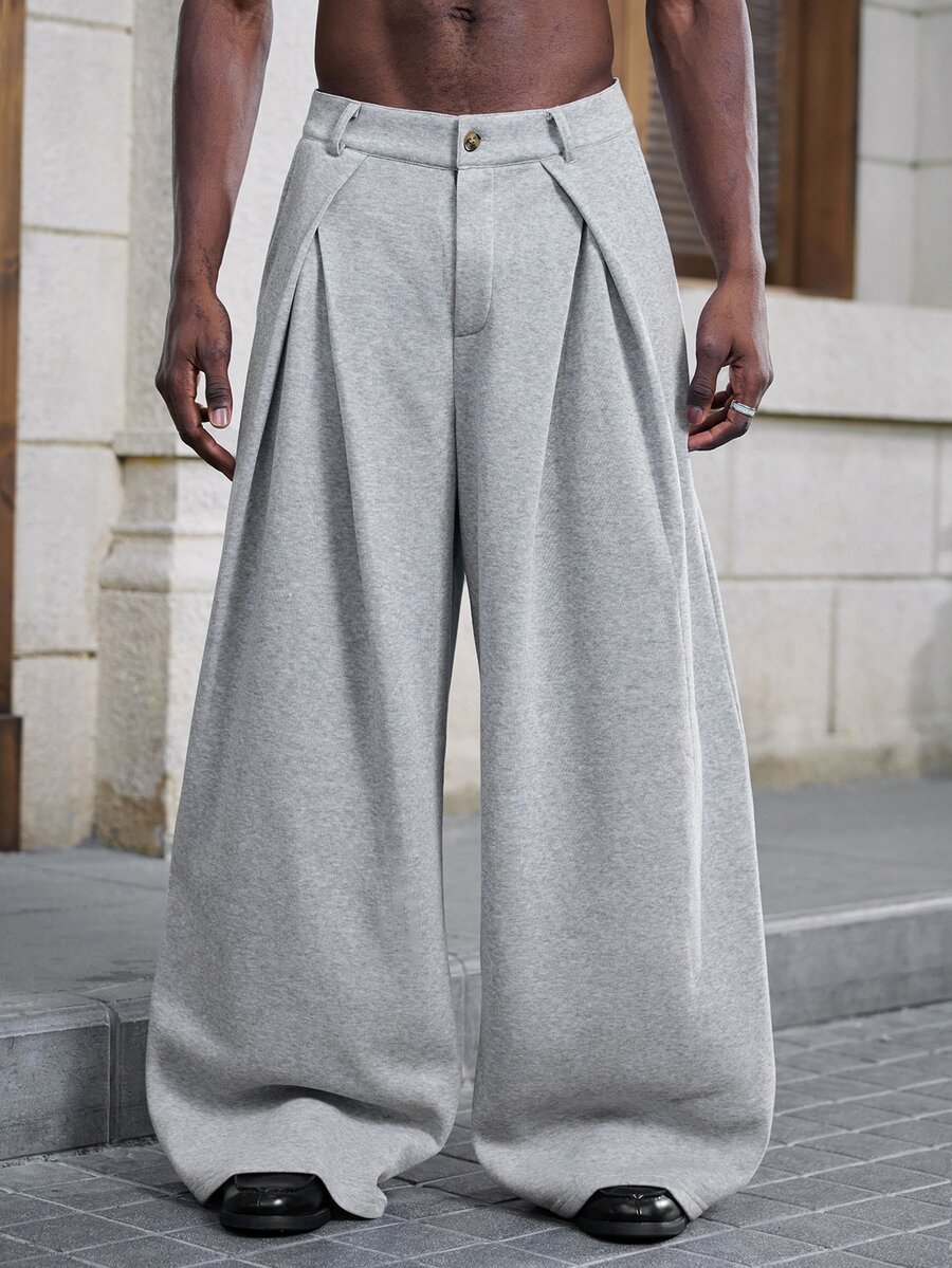 Mainfolk Men's Solid Color Pleated Wide Leg Loose Casual Long Pants - Light Grey - View 1