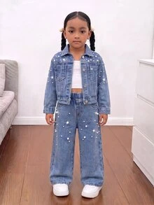 SHEIN 2件組女童Y2K珍珠裝飾藍色丹寧寬鬆夾克與寬腿牛仔褲，秋冬款，兒童女童返校服裝，街頭風穿搭 - 淺色水洗藍 - 查看 7