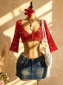SHEIN Unity 夏季優雅熱帶度假風 手鉤編紅色鏤空短袖前綁帶女款薄款開襟衫，適合度假派對、約會與海灘 - 紅色 - 查看 8