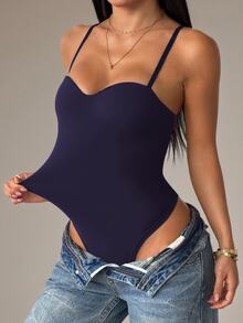 SHEIN PETITE Women's Solid Color Sexy Fashion Camisole Bodysuit - Navy Blue - View 3
