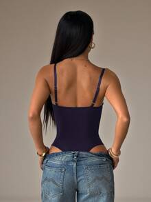 SHEIN PETITE Women's Solid Color Sexy Fashion Camisole Bodysuit - Navy Blue - View 4