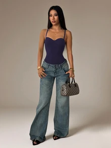 SHEIN PETITE Women's Solid Color Sexy Fashion Camisole Bodysuit - Navy Blue - View 2