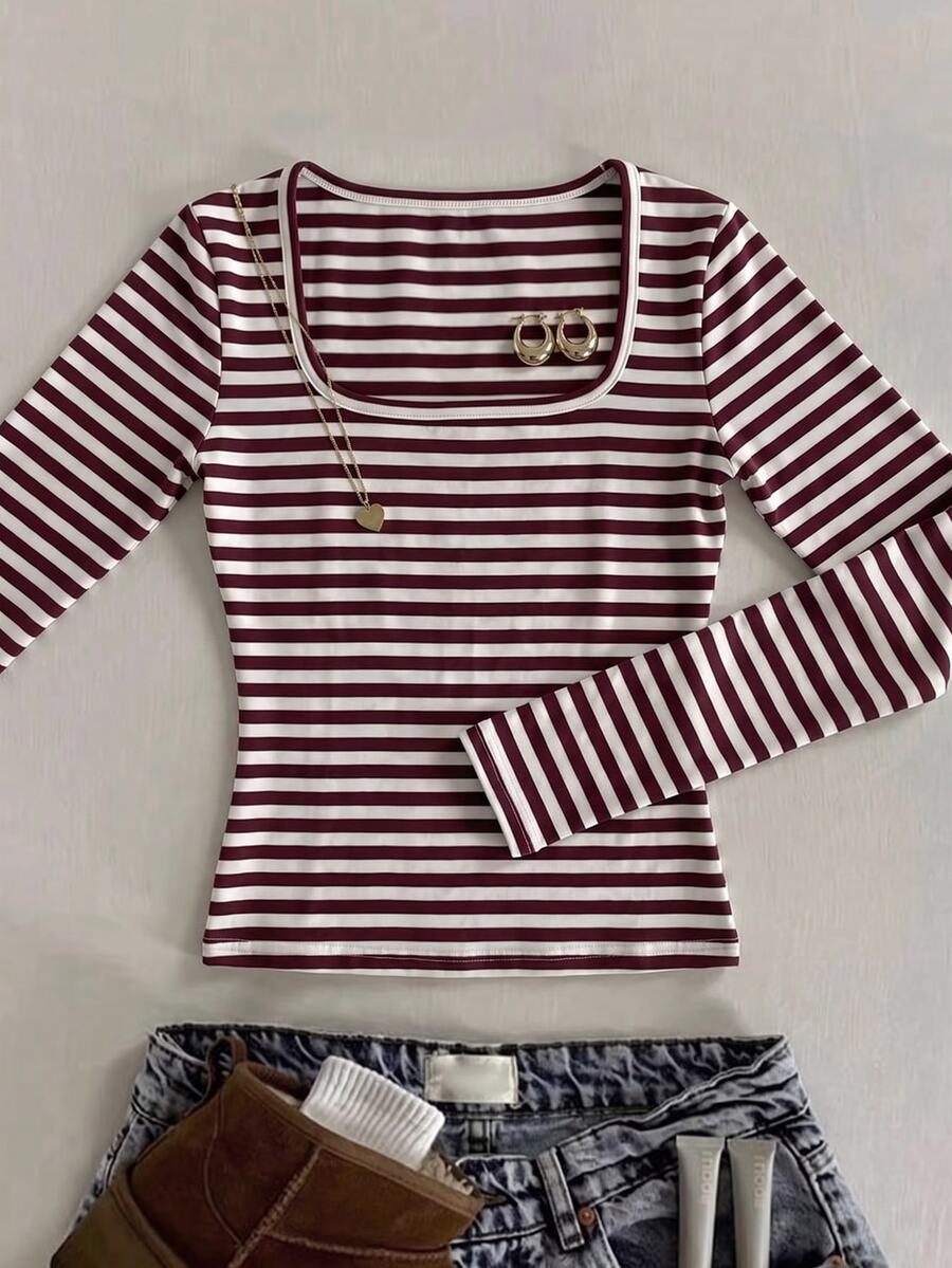 SHEIN 青少年女孩紅色條紋方領長袖T恤休閒度假風 - 酒紅色 - 查看 1