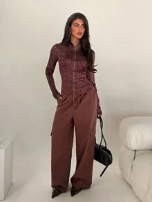 Glamine Women's Fall Knitted Leopard Print Pattern Street Style Y2K Zipper Button Napoleon Sports Jacket Clothing Outfit Outdoor Night Out Coffee Brown - Coffee Brown - View 5