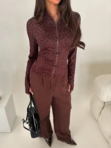 Glamine Women's Fall Knitted Leopard Print Pattern Street Style Y2K Zipper Button Napoleon Sports Jacket Clothing Outfit Outdoor Night Out Coffee Brown - Coffee Brown - View 6