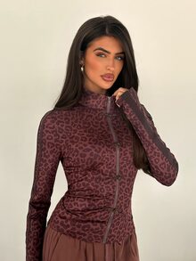 Glamine Women's Fall Knitted Leopard Print Pattern Street Style Y2K Zipper Button Napoleon Sports Jacket Clothing Outfit Outdoor Night Out Coffee Brown - Coffee Brown - View 7