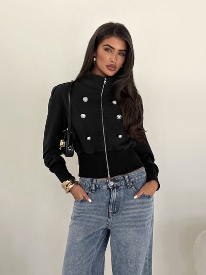 SHEIN Glamour جاكيت رياضي نسائي بتصميم نابليون Y2K مع سحاب مزدوج وياقة واقفة، مناسب لموسم الخريف/الشتاء، ملابس خارجية للخريف/الشتاء، مناسب للتنقل اليومي والرياضة والخروج الليلي والملابس الكاجوال العصرية والمناسبات الأخرى.
