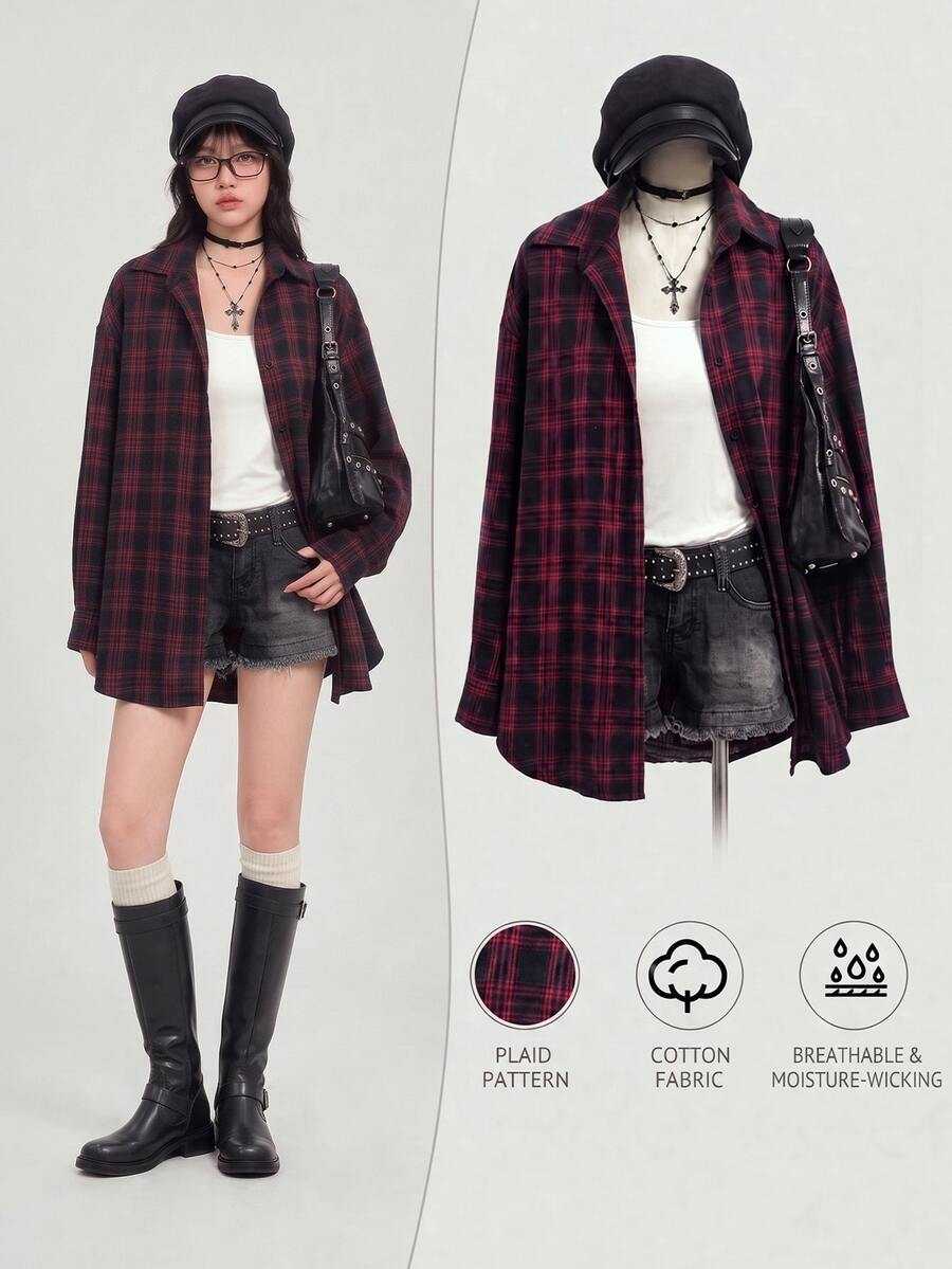 Elamini Vintage Plaid Loose Fit Shirt For Women, Fashionable And Versatile, Autumn/Winter, Christmas - Multicolor - View 1