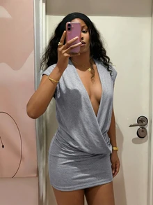 Fiercella Fiercella Women's Solid Color Deep V-Neck Draped Criss-Cross Mini Dress Club Night Out Light Grey Summer Sexy Casual - Light Grey - View 5