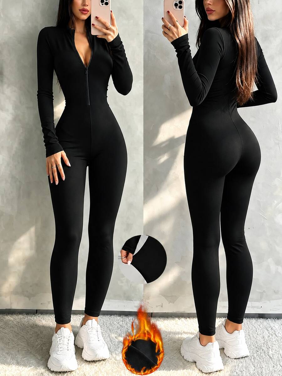 SHEIN Raffinéa Women's Spring/Autumn Slim Fit Zipper Stand Collar Jumpsuit, Elastic Soft Fabric, Fashionable Minimalist Casual Sports Style Design, Suitable For Outdoor Sports And Commuting Wear - Black - View 1