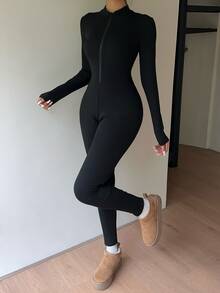 SHEIN Raffinéa Women's Spring/Autumn Slim Fit Zipper Stand Collar Jumpsuit, Elastic Soft Fabric, Fashionable Minimalist Casual Sports Style Design, Suitable For Outdoor Sports And Commuting Wear - Black - View 5