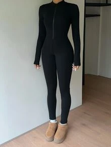 SHEIN Raffinéa Women's Spring/Autumn Slim Fit Zipper Stand Collar Jumpsuit, Elastic Soft Fabric, Fashionable Minimalist Casual Sports Style Design, Suitable For Outdoor Sports And Commuting Wear - Black - View 4
