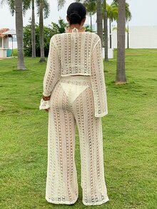 Dazy Plus 2pcs/Set V-Neck Long Sleeve Semi-Sheer Cover Up Swimsuit Cover Up & Pants, Plus Size Women, Spring/Summer Vacation Beach Outfits - Apricot - View 4