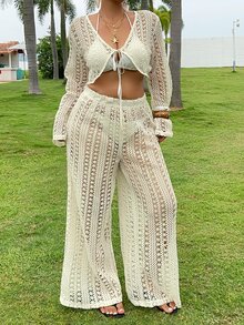 Dazy Plus 2pcs/Set V-Neck Long Sleeve Semi-Sheer Cover Up Swimsuit Cover Up & Pants, Plus Size Women, Spring/Summer Vacation Beach Outfits - Apricot - View 3