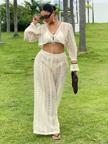 Dazy Plus 2pcs/Set V-Neck Long Sleeve Semi-Sheer Cover Up Swimsuit Cover Up & Pants, Plus Size Women, Spring/Summer Vacation Beach Outfits - Apricot - View 1