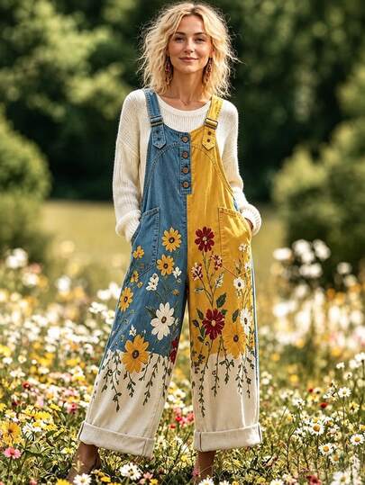 Selamara Women's Floral Print Button Pocket Colorblock Jumpsuit