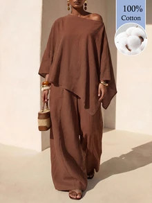 2026 Zivah  Latest Women's Brown Loose-Fitting One-Shoulder Asymmetrical Top, Paired With Wide-Leg Pants, Is Made From 100% Cotton. - Brown - View 11