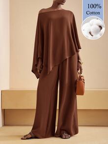 2026 Zivah  Latest Women's Brown Loose-Fitting One-Shoulder Asymmetrical Top, Paired With Wide-Leg Pants, Is Made From 100% Cotton. - Brown - View 3
