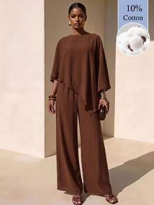 2026 Zivah  Latest Women's Brown Loose-Fitting One-Shoulder Asymmetrical Top, Paired With Wide-Leg Pants, Is Made From 100% Cotton. - Brown - View 1