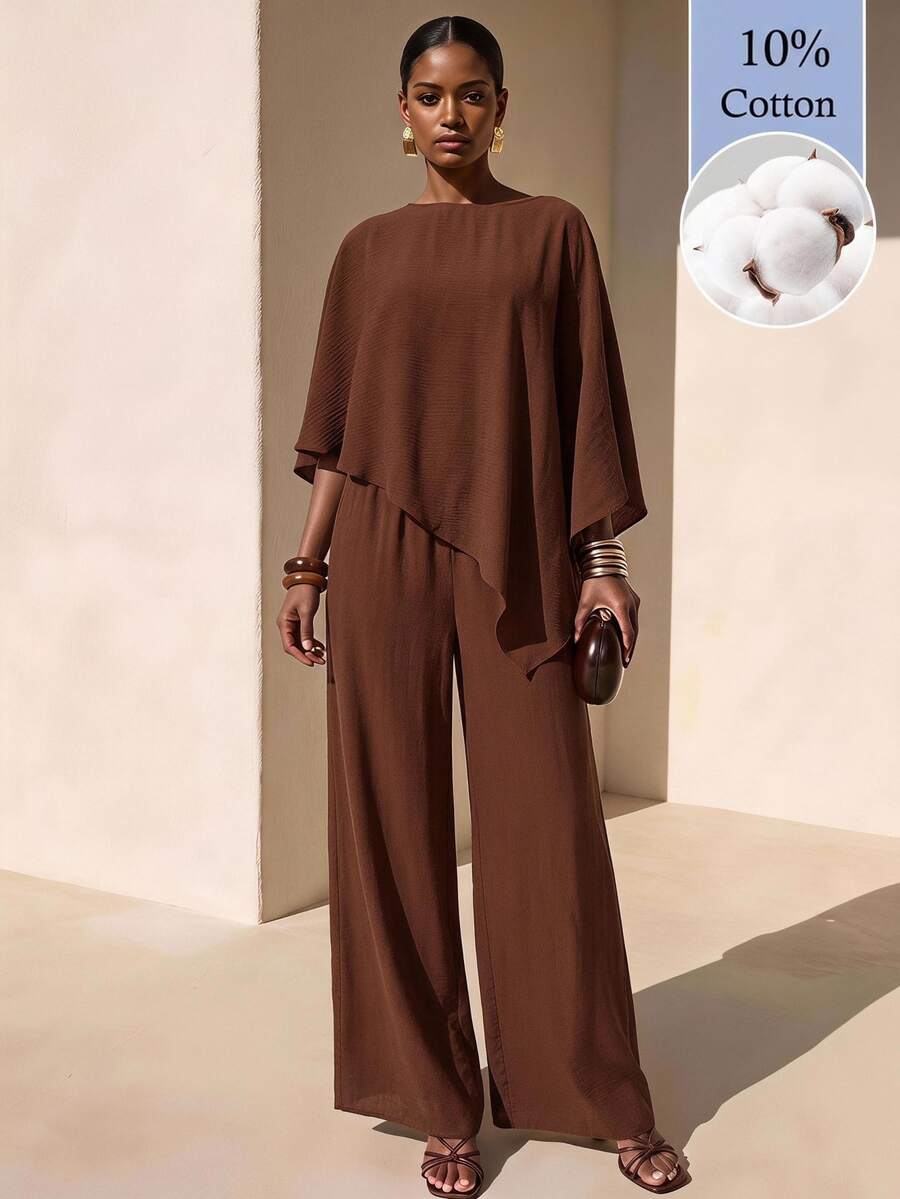 2026 Zivah Latest Women's Brown Loose-Fitting One-Shoulder Asymmetrical Top, Paired With Wide-Leg Pants, Is Made From 100% Cotton. - Brown - View 1