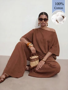 2026 Zivah  Latest Women's Brown Loose-Fitting One-Shoulder Asymmetrical Top, Paired With Wide-Leg Pants, Is Made From 100% Cotton. - Brown - View 14