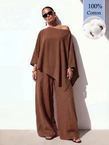 2026 Zivah  Latest Women's Brown Loose-Fitting One-Shoulder Asymmetrical Top, Paired With Wide-Leg Pants, Is Made From 100% Cotton. - Brown - View 13