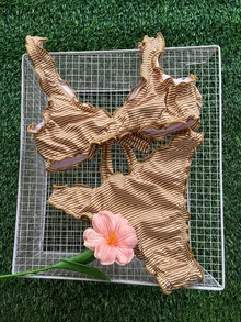 SHEIN Swim Minimalist Sexy Style Pink Frill Trim Tie-Up Two-Piece Bikini Swimwear For Women, Sweet Ruffle Edge Hot Spring Vacation Bikini - Coffee Brown - View 3