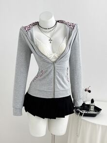 Elamini Vintage Sweet & Spicy Y2K Grey & Pink Patchwork Leopard Print Cat Ear Hooded Slim Fit Sweatshirt - Grey - View 6