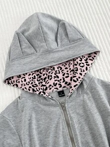 Elamini Vintage Sweet & Spicy Y2K Grey & Pink Patchwork Leopard Print Cat Ear Hooded Slim Fit Sweatshirt - Grey - View 5