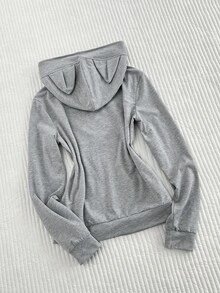 Elamini Vintage Sweet & Spicy Y2K Grey & Pink Patchwork Leopard Print Cat Ear Hooded Slim Fit Sweatshirt - Grey - View 2