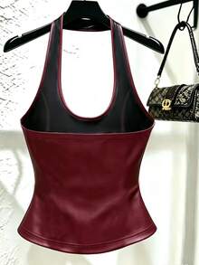 Franclia Women's Solid Color PU Leather Button Design Halter Tank Top - Red - View 2