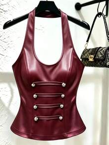 Franclia Women's Solid Color PU Leather Button Design Halter Tank Top - Red - View 1