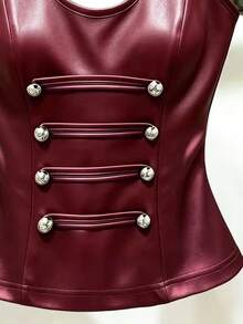 Franclia Women's Solid Color PU Leather Button Design Halter Tank Top - Red - View 5