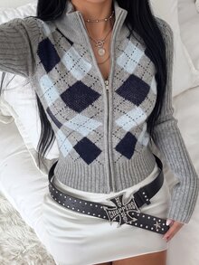 Flirla Women's Fall Lazy Casual Preppy Fashion Versatile Daily Commute Brunch College Style Argyle Zipper Cardigan Grey Blue - Multicolor - View 1