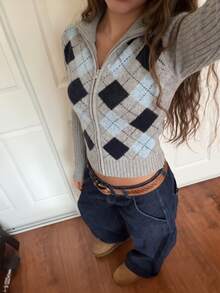 Flirla Women's Fall Lazy Casual Preppy Fashion Versatile Daily Commute Brunch College Style Argyle Zipper Cardigan Grey Blue - Multicolor - View 3